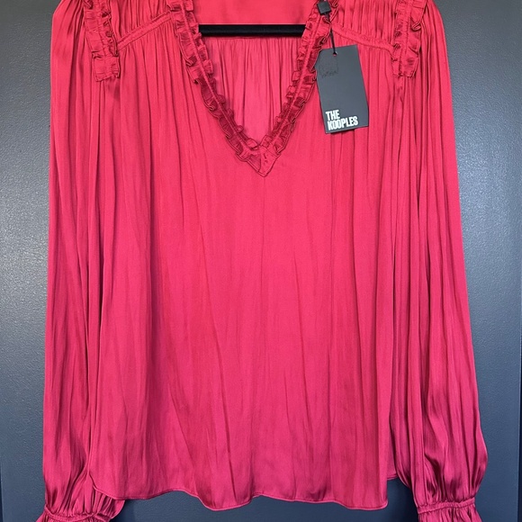 NWT | The Kooples | Red Satin V-Neck Long Sleeve Blouse with Ruffle Detail - Picture 3 of 6